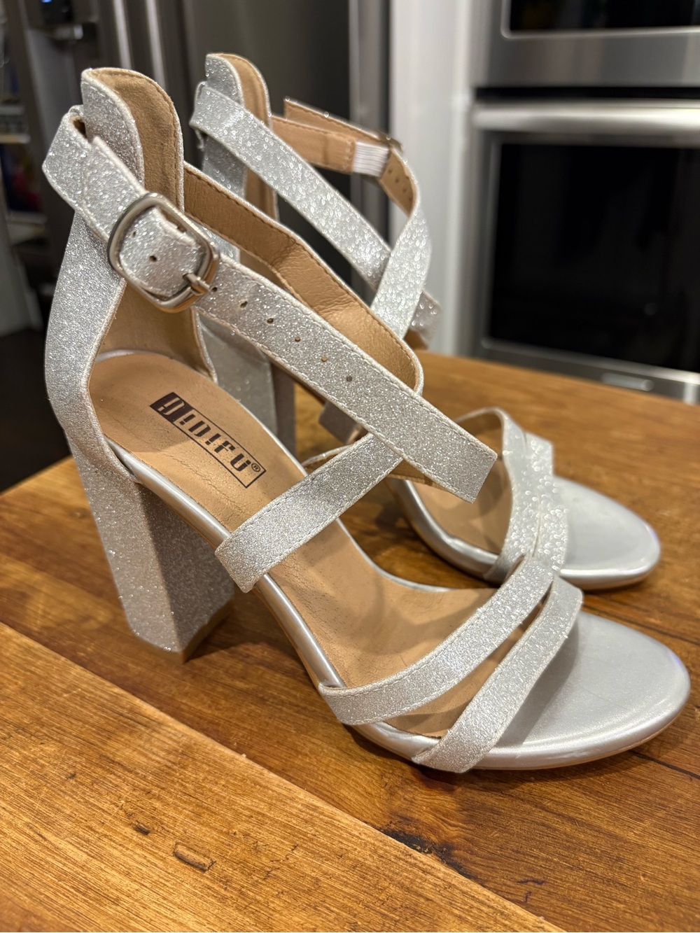 IDIFU Silver Glitter Block Heel Strappy Sandals